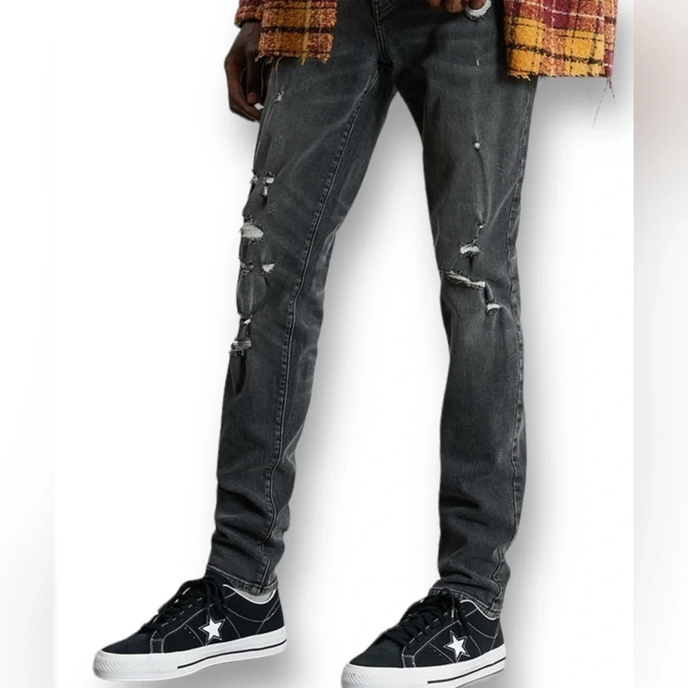 PacSun Stacked Skinny Fit Ripped Light Indigo Black Jeans Size W32/…Normcore